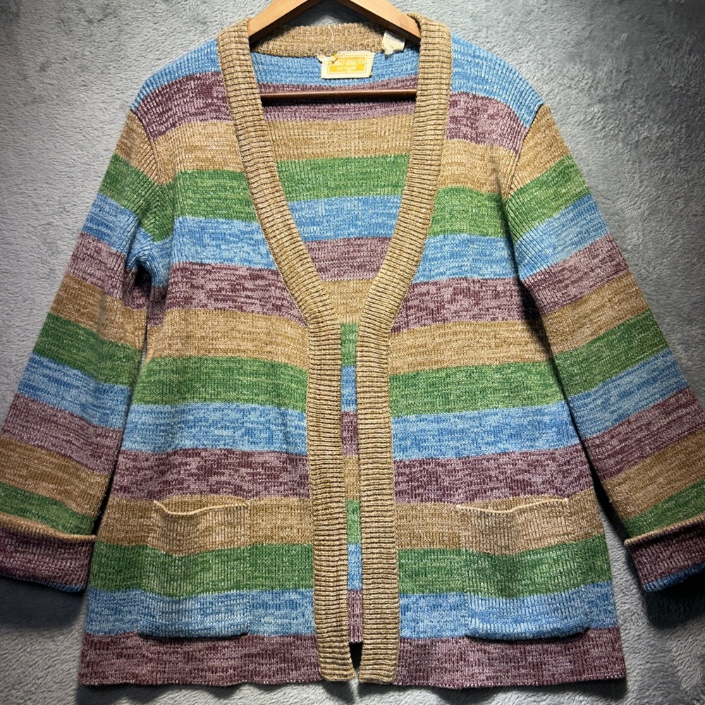 Vintage Sweater Crochet Finest Boho Knitwear Striped Cardigan cottage Medium Y2K